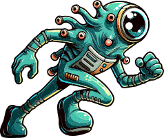 Teal robot alien character with a large eye and mechanical limbs