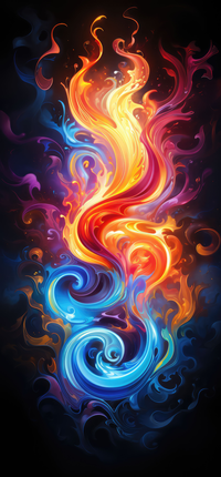 Swirling flames in shades of blue, orange, and red on a black background
