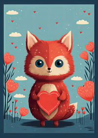 Cartoon fox holding a heart surrounded by flowers and clouds