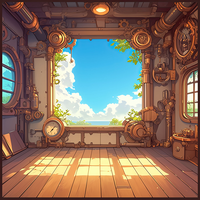A steampunk room with pipes, gears, and a large window showing a blue sky with clouds.