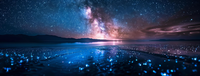 A panoramic view of a dark landscape with a star-filled sky and a bay lit by bioluminescent organisms.