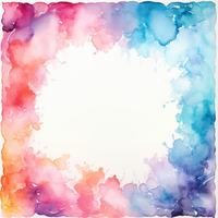 A square frame with a white center and colorful watercolor edges