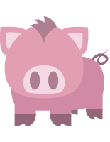 A pink cartoon pig with a curly tail
