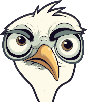A cartoon ostrich with large glasses and white feathers.