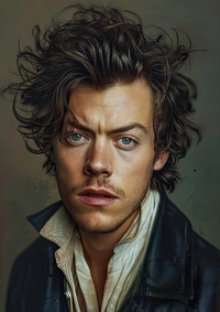 A realistic digital painting of a young man with blue eyes and tousled brown hair, wearing an open white shirt and a black leather jacket.