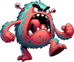 A colorful, furry monster with sharp teeth and multiple eyes