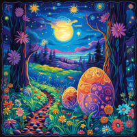 Colorful Easter eggs surrounded by flowers and trees in a whimsical nighttime setting.