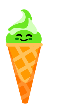 A cartoon green ice cream in a waffle cone with a smiling face