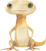 A cute, yellow cartoon gecko with large eyes and a smiling face