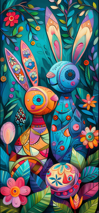 Two stylized Easter bunnies amidst vibrant flowers and leaves