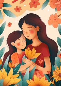 Illustration of a mother and daughter with flowers
