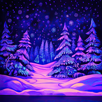 A vibrant, neon-lit illustration of a snowy forest with trees and a starry sky.