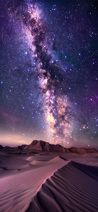 Desert landscape with the Milky Way galaxy visible in the night sky.