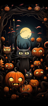 Halloween illustration with black cats and jack-o'-lanterns