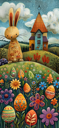 A colorful illustration of an Easter bunny standing in a garden filled with decorated eggs and flowers, with a house in the background.