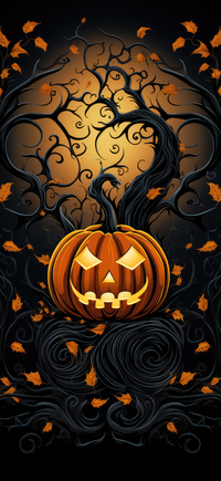 A jack-o'-lantern with a carved face surrounded by twisted tree branches and autumn leaves on a dark background.
