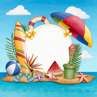 A cartoon beach scene with a blank sign, beach ball, and tropical leaves.