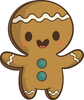 Cartoon gingerbread man with white icing details and blue candy buttons