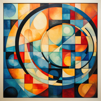 A colorful abstract art piece with overlapping circles and squares in various hues.