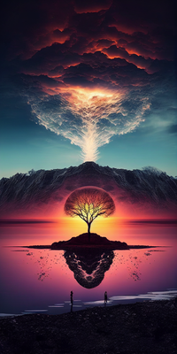 Surreal landscape with a tree on a small island and its reflection in the water, against a dramatic sky and sunset.