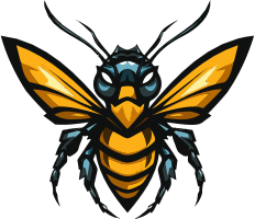 Stylized bee with yellow and blue accents on a black background