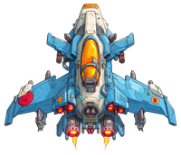 Pixelated blue and white fighter jet with orange and red details