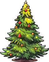 Cartoon Christmas tree with ornaments and lights