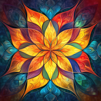 A digital artwork of a kaleidoscope pattern with a central yellow flower-like shape surrounded by vibrant, swirling colors.
