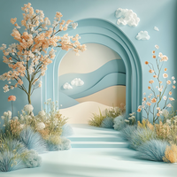 A 3D rendering of a serene archway with a pathway leading to a stylized landscape.