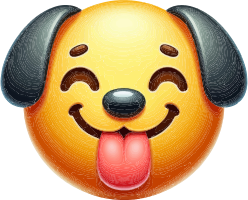 A cartoon dog face with a big smile and tongue sticking out