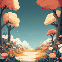 A cartoon illustration of a forest with orange trees and large mushrooms along a dirt path.