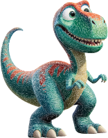 A cartoon dinosaur with a green and blue body and orange accents