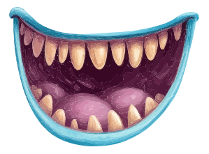 Cartoon mouth with large teeth and blue outline