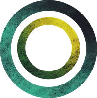 A stylized circular design with green, yellow, and black colors