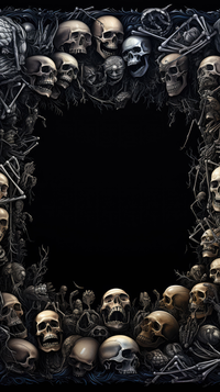 A black frame surrounded by skulls and bones