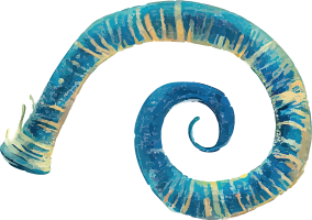 Blue spiral shape with yellow accents