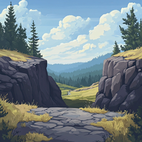 A digital illustration of a stone pathway between rocky cliffs with trees and mountains in the background.