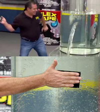 Man demonstrating Flex Tape's waterproofing ability
