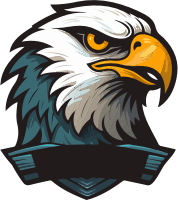 Illustration of an eagle's head with white, grey, and blue feathers and a yellow beak
