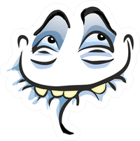 A cartoon ghost with a wide, toothy grin and winking eyes