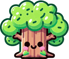 A smiling tree character with a brown trunk and green leaves