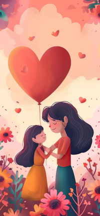 Illustration of a mother and daughter holding hands with a heart-shaped balloon