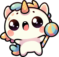 A white cartoon unicorn with pastel mane and tail holding a lollipop