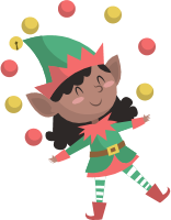 Cartoon elf juggling yellow and red balls