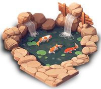 Illustration of a koi pond with three koi fish and a waterfall