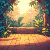 A cartoon-style illustration of a brick pathway leading into a lush, tropical garden with sunlight shining through the plants.