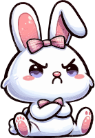 Angry white cartoon bunny with pink bow and crossed arms