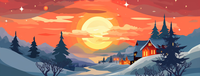 A cartoon illustration of a snowy village at sunset with houses and trees.