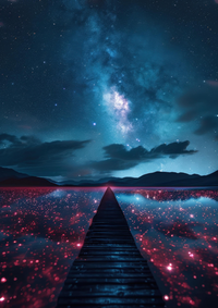 A wooden dock leading into a body of water with red lights under a star-filled night sky.