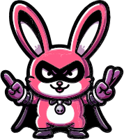A cartoon bunny with pink fur, black mask, and purple accessories giving a cool gesture.